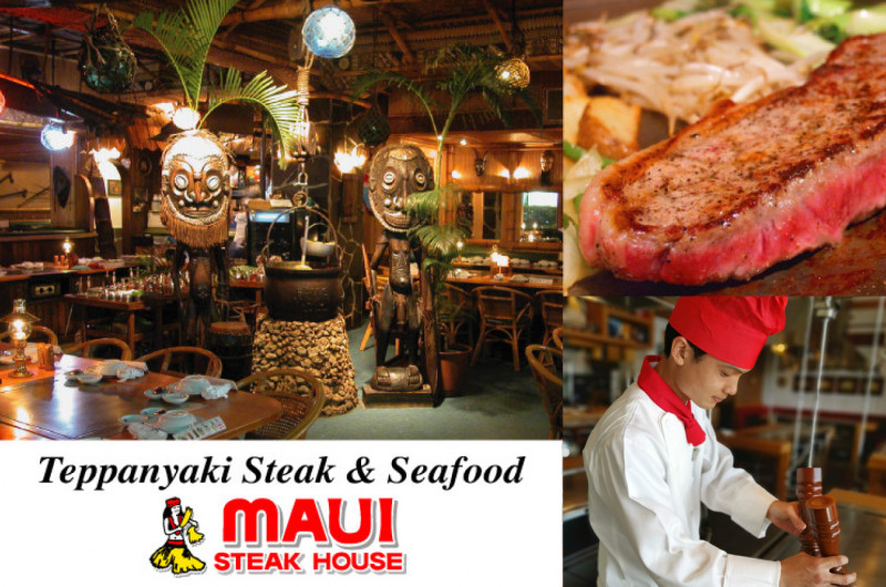 ポリネシアン風のトロピカルな店内で、シェフの鉄板焼きパフォーマンスとステーキ＆シーフードが楽しめる！