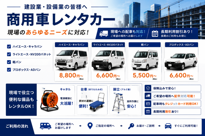 お仕事にもレジャーにも。幅広い車種を1日単位からご利用いただけます。