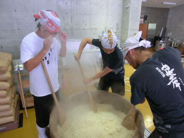 蒸した米を手作業で撹拌する